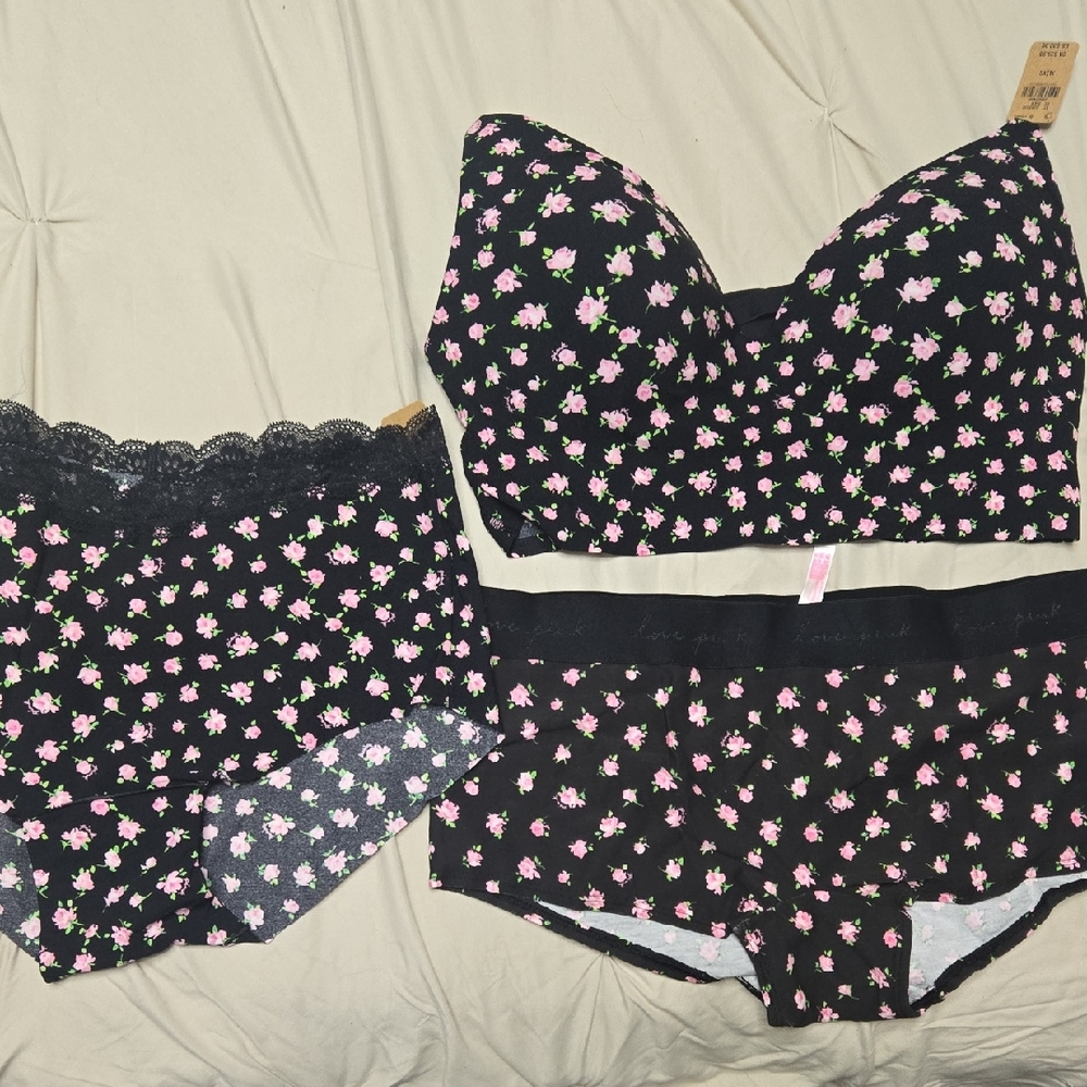 Black Floral Bra & Brief Set with Pink Rose Print PINK Victorias SECRET XL NWT